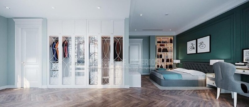 Tủ quần áo sơn trắng âm tường đẹp được sắp xếp âm tường khá độc đáo trong phòng ngủ. Thiết kế phòng ngủ nhà phố