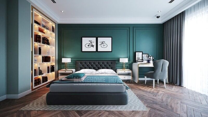 Bộ 2 tranh trang trang tường hình xe đẹp đẹp tạo điểm nhấn sinh động cho phòng ngủ sắc xanh nổi bật. Thiết kế phòng ngủ nhà phố