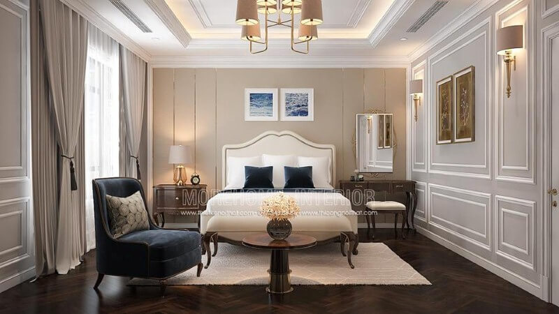 Trang trí phòng ngủ master tân cổ điển sang trọng, quý phái ấn tượng với nội thất gỗ óc chó tự nhiên cao cấp. Thiết kế phòng ngủ nhà phố