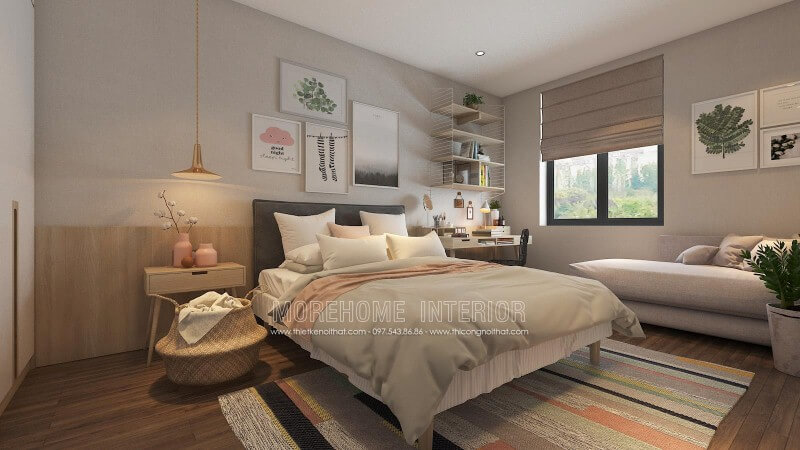 Trang trí phòng ngủ ấn tượng với cách trang trí độc đáo từ những mảng lớn đơn sắc kết hợp cùng họa tiết điểm nhấn tạo nên nét đẹp sinh động, trẻ trung cho không gian. Thiết kế phòng ngủ nhà phố