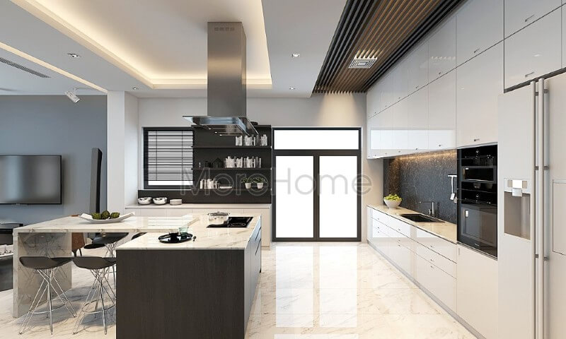 Trang trí chung cư với tủ bếp hiện đại màu trắng, bề mặt bếp được ốp đá nhân tạo cao cấp đảm bảo luôn sang trọng và sạch sẽ Tủ bếp hiện đại,tủ bếp đẹp hiện đại, tủ bếp An Cường