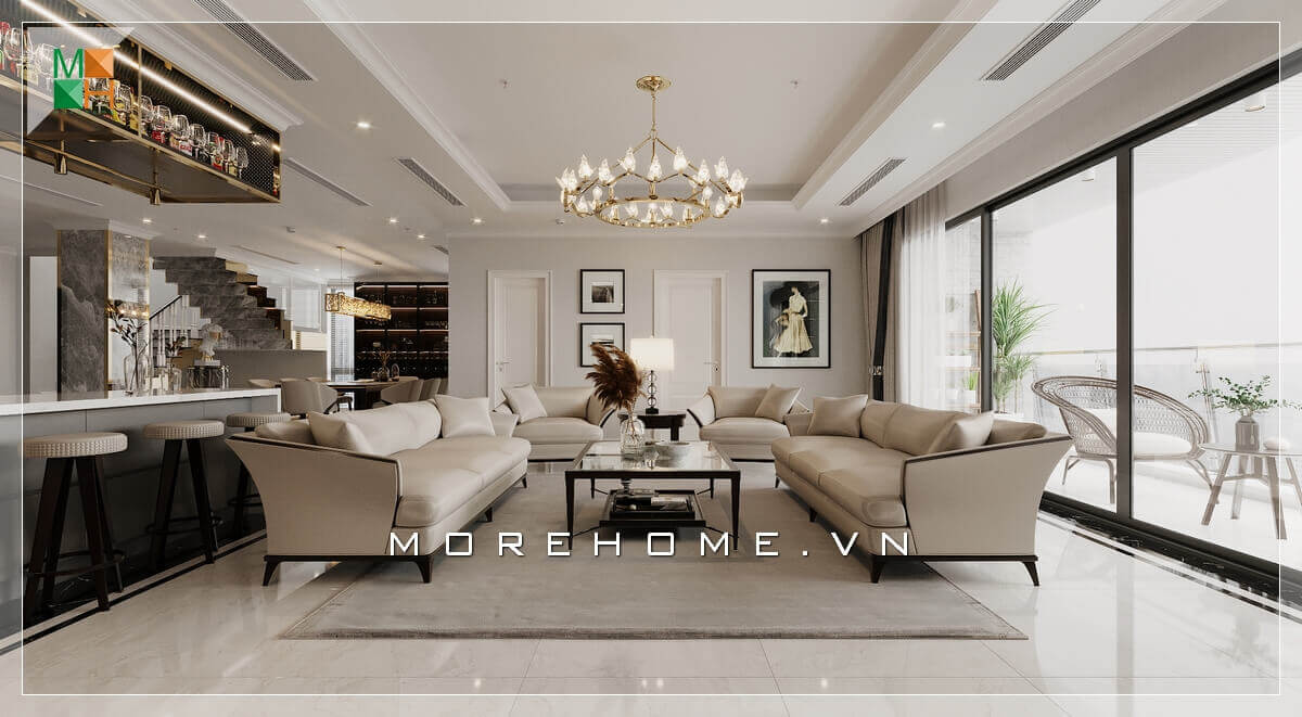 Ấn tượng mẫu đèn chùm đẹp tăng vẻ sang trọng cho không gian phòng khách. Thiết kế phòng khách biệt thự