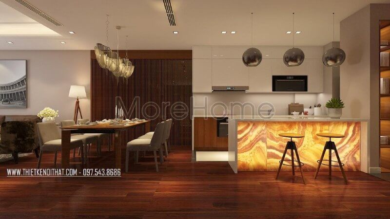 Mẫu tủ bếp chung cư đẹp kết hợp sư dụng tone màu trắng ấn tượng mang đến cảm giác sạch sẽ, tinh tế nhẹ nhàng, tạo cảm giác cơi nới cho không gian.