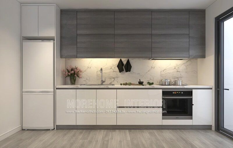 Mẫu tủ bếp đẹp giá rẻ với hai tông màu đối lập xám – trắng cho không gian ấn tượng, lạ mắt