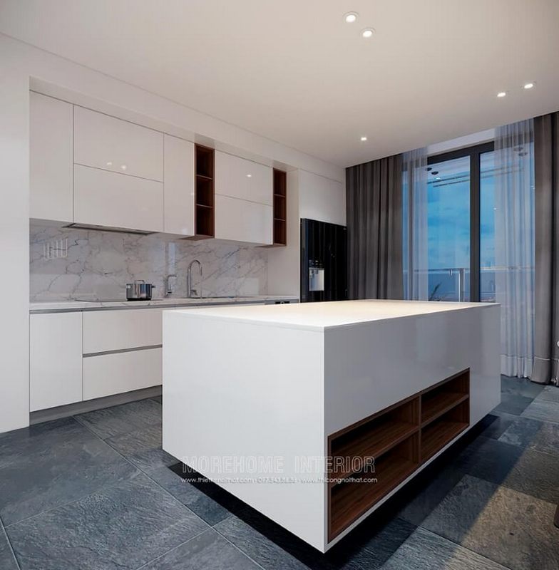 Mẫu đảo bếp được làm bằng gỗ công Acrylic cao cấp kết hợp mặt đá nhân tạo solid surface cao cấp mang đến vẻ đẹp bóng loáng cho căn hộ