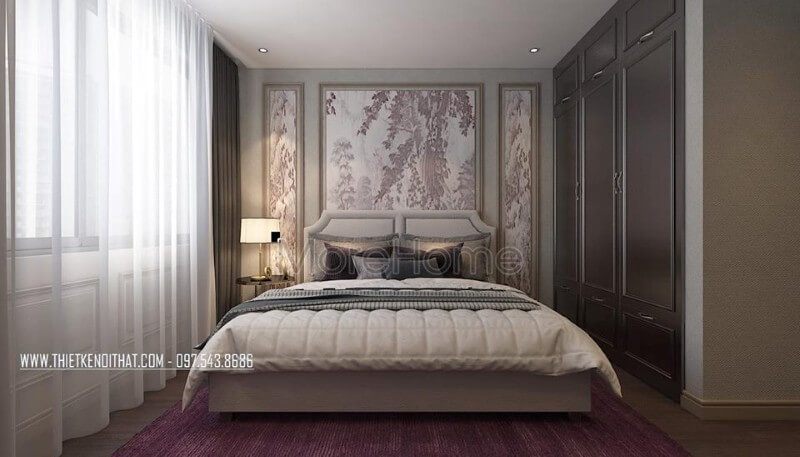 Thiết kế phòng ngủ con khá đơn giản với mẫu giường gỗ công nghiệp, mảng tường đầu giường được dán giấy dán tường hoa màu tím nhạt tạo sự hài hòa, và nhẹ nhàng