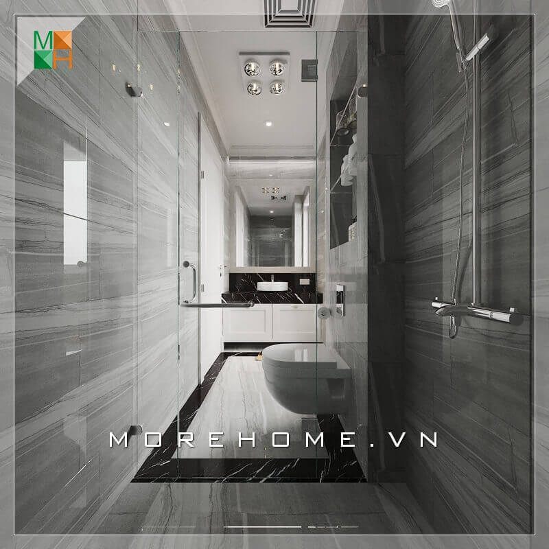 Sự sáng tạo của việc sử dụng gạch lát nền và gạch ốp tường giúp không gian phòng tắm trở nên rộng rãi và thoải mái hơn.