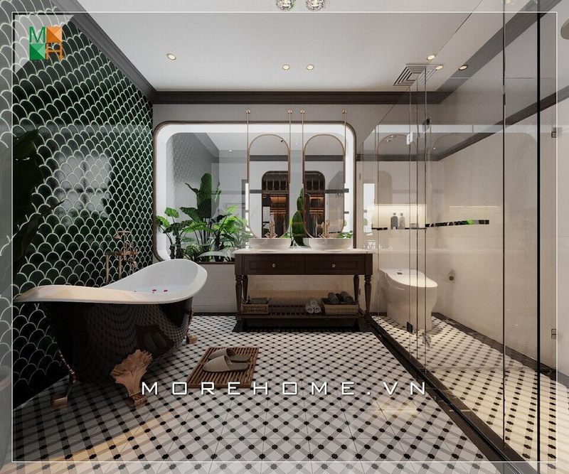 Vách kính cường lực là một sự tạo ra sáng tạo và ấn tượng của KTS, dùng để phân chia nhà tắm và WC.