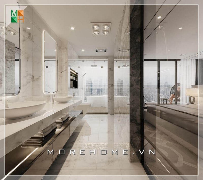 Đá ốp tường và chậu lavabo vân mây đã tạo nên một ấn tượng mạnh mẽ, khiến căn phòng tắm trở nên sang trọng và tiện nghi hơn bao giờ hết.