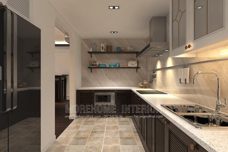 Tủ bếp chữ L với thiết kế hiện đại đơn giản, kết hợp với chất liệu gỗ tự nhiên nhập khẩu cao cấp và màu sắc tương phản, giúp tạo ra cảm giác rộng hơn cho căn hộ thực tế.