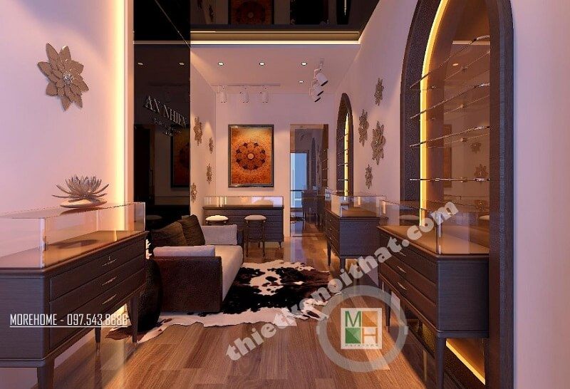 Mẫu thiết kế nội thất showroom đá phong thủy đẹp có điểm nhấn là khu trưng bày đá ấn tượng: tường vòm kết hợp với tủ kính gỗ và ốp tường độc đáo.